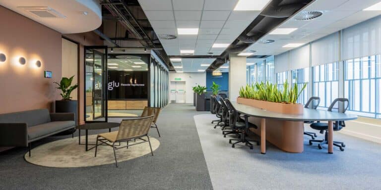 PPS Glu financial headquarters open plan workspace interior design and furniture procurement with Collaborative team areas