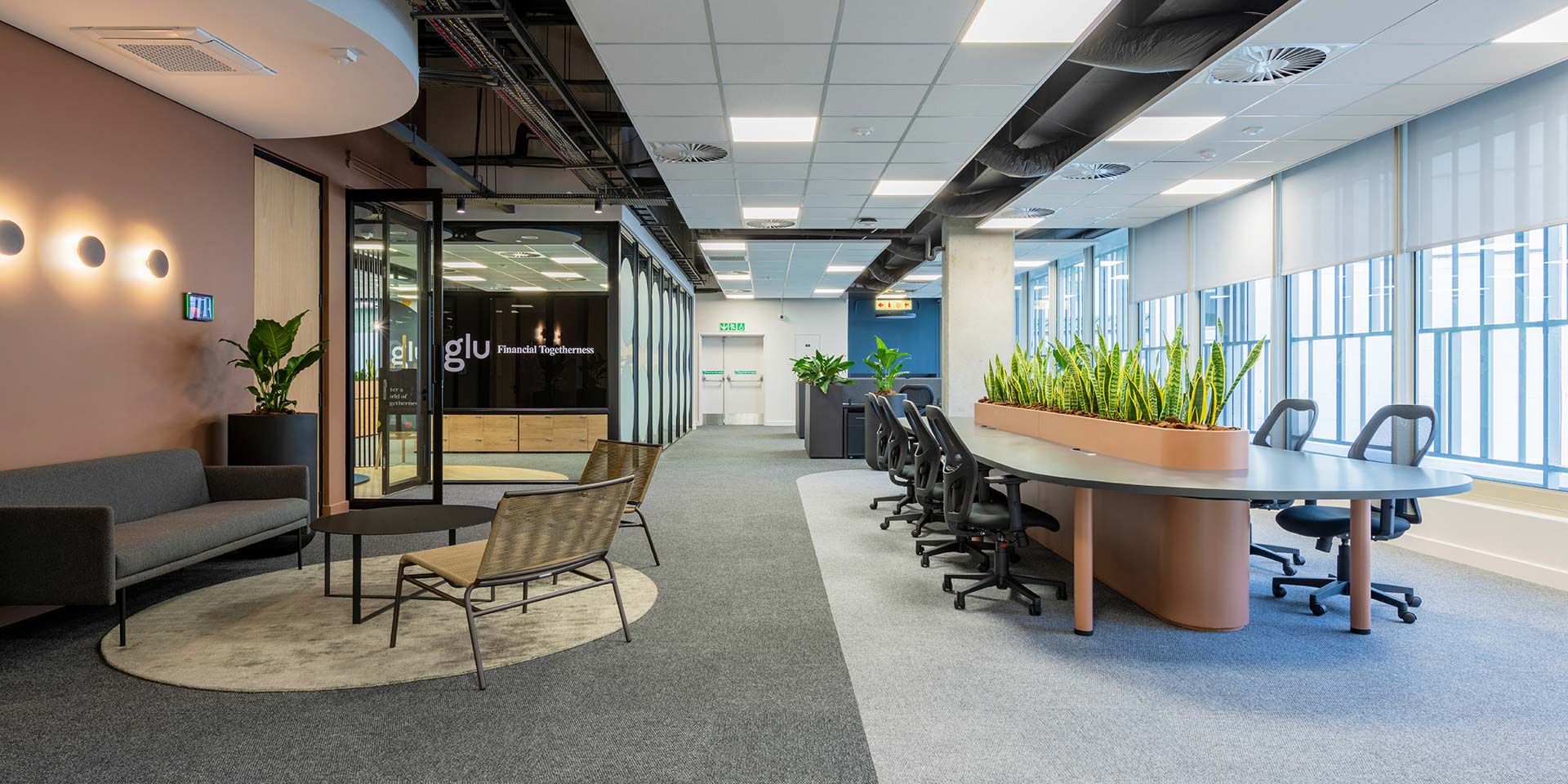 PPS Glu financial headquarters open plan workspace interior design and furniture procurement with Collaborative team areas