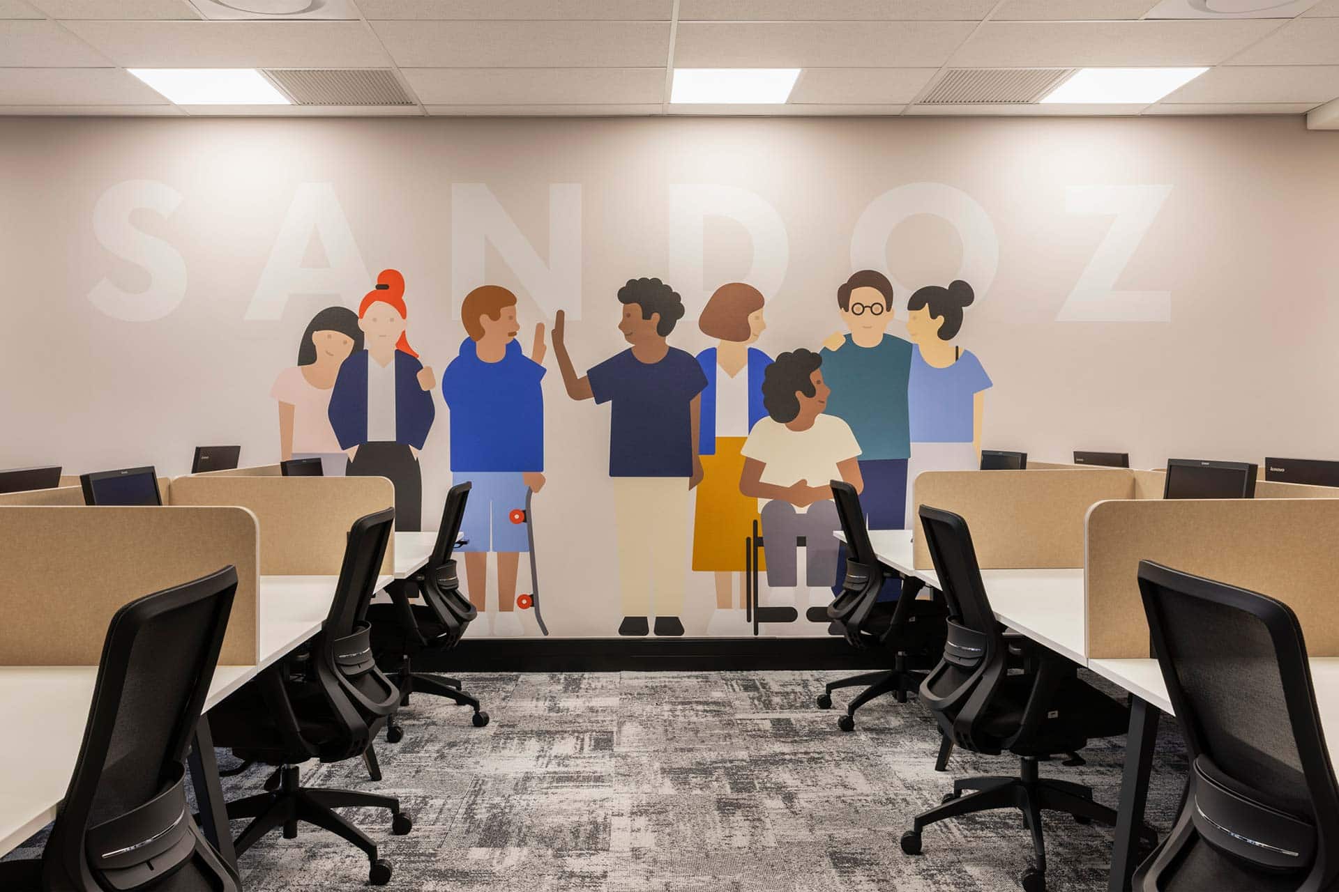 Sandoz SA Office Redesign with corporate branding on walls and office furniture