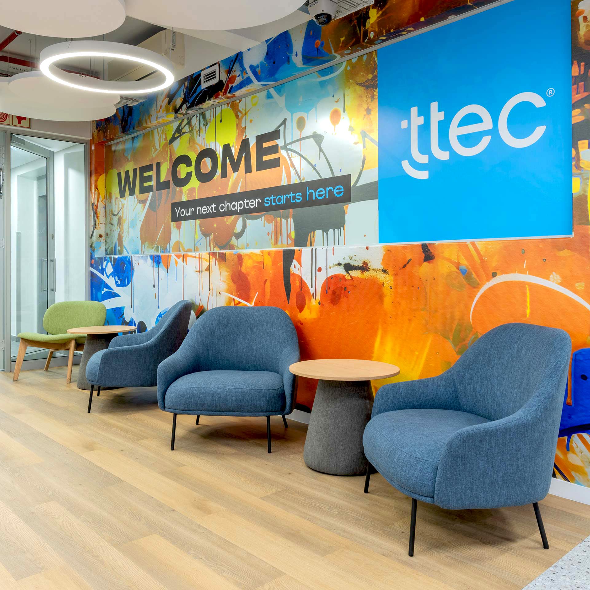 A colourful reception for ttec by office interior designer