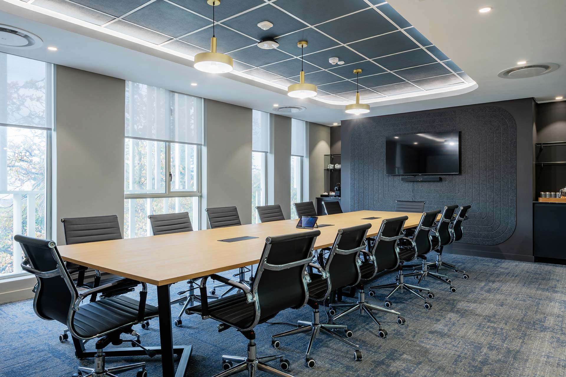 High tech office boardroom interior design with online meeting technology
