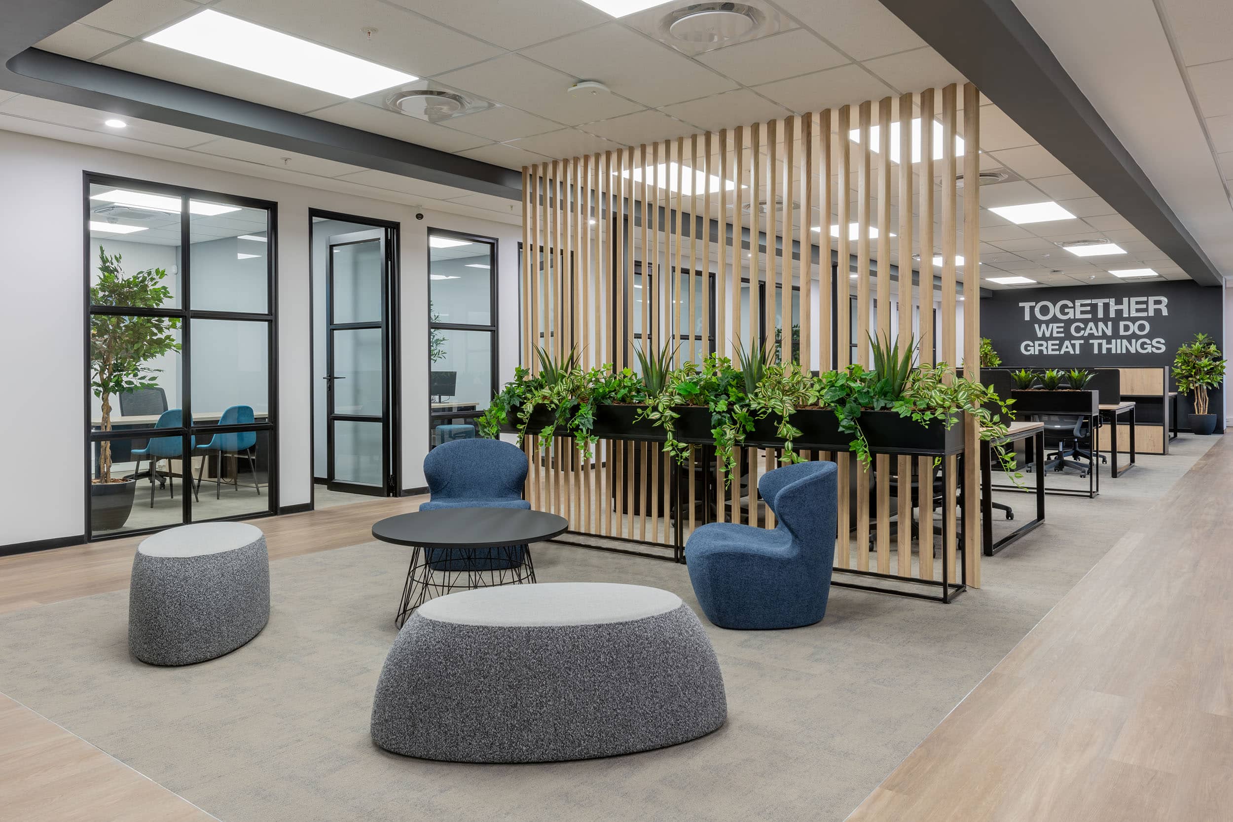 Informal seating arrangement for client visits at new cape town showroom