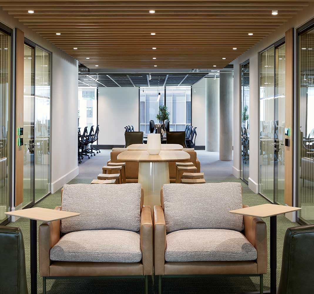 Commercial office design with hybrid furniture for collaborative or flexible work flow