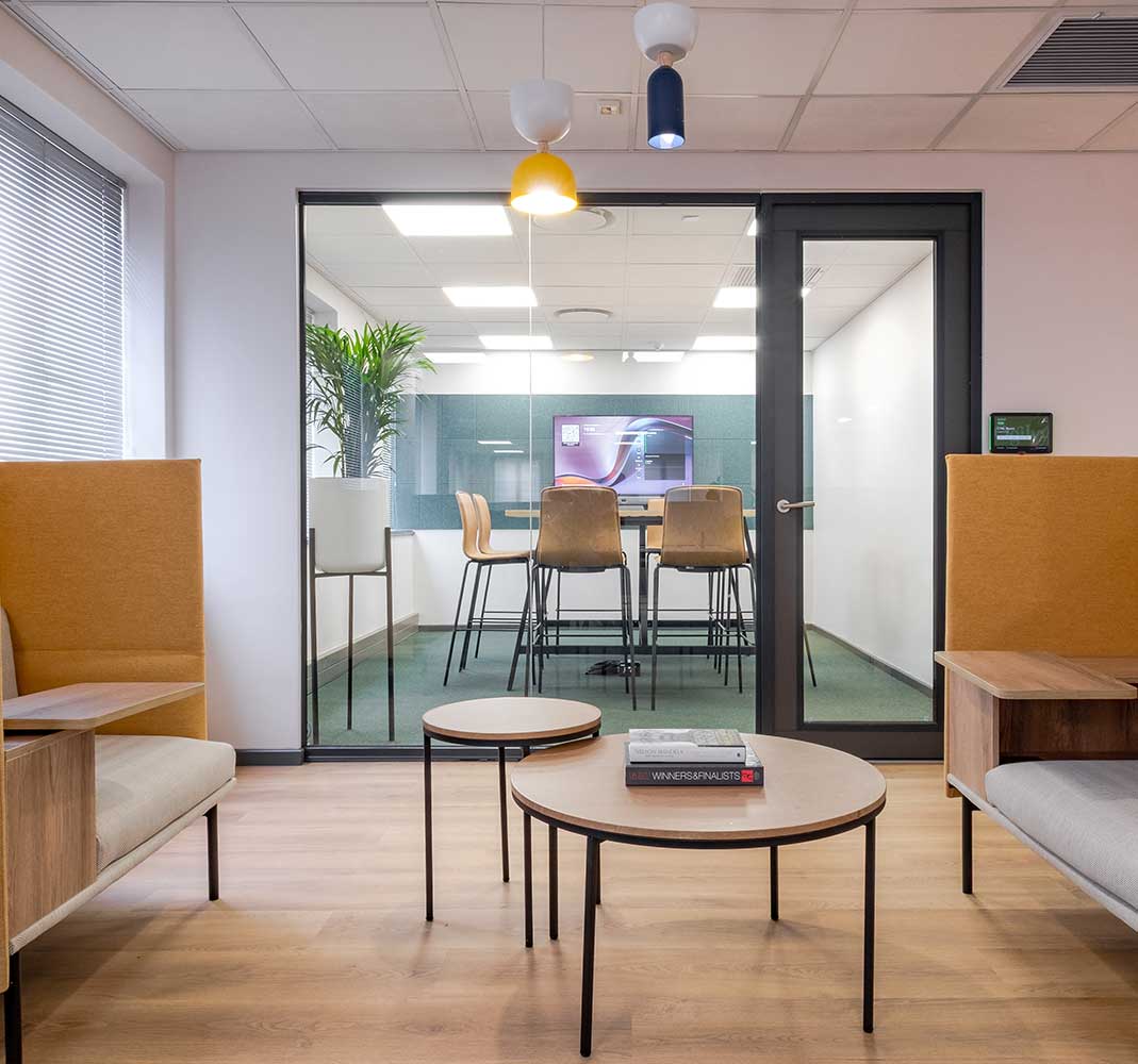 Flexible office space with booths for hybrid working or collaboration in the modern workspace
