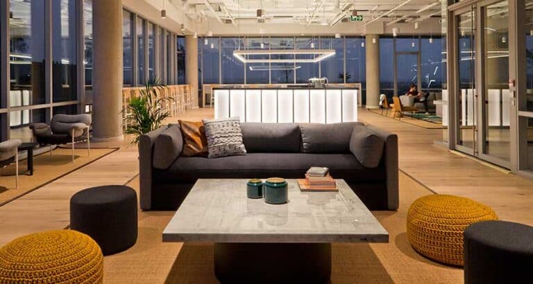 Turnkey ofice fitout example with modern furniture and large scale construction