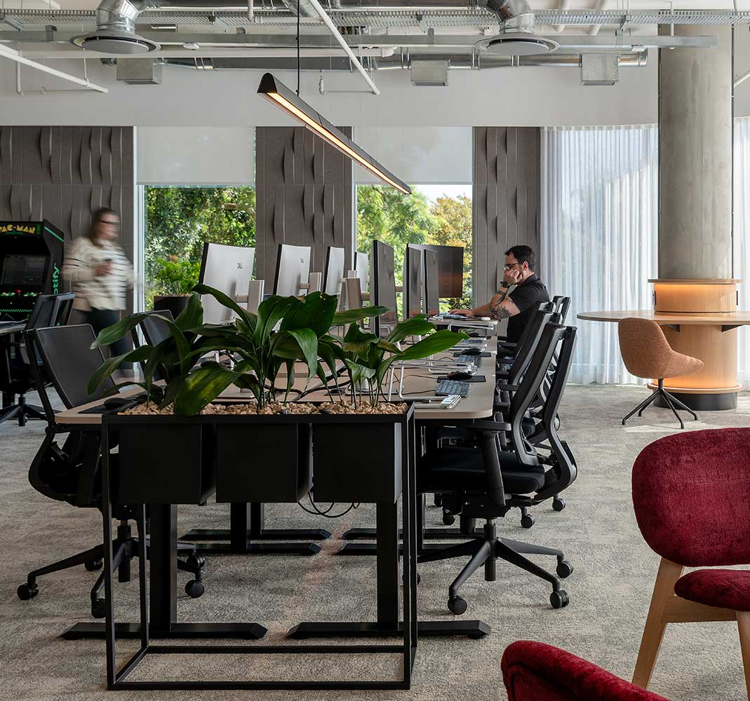 Great office workspace design with shared desks and acoustic panels for employee productivity