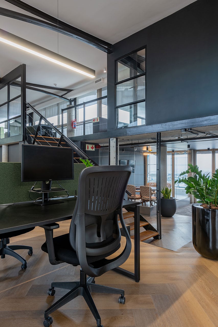 Lionhead Capital financial services office workspace with ergonomic desks and green meeting chairs