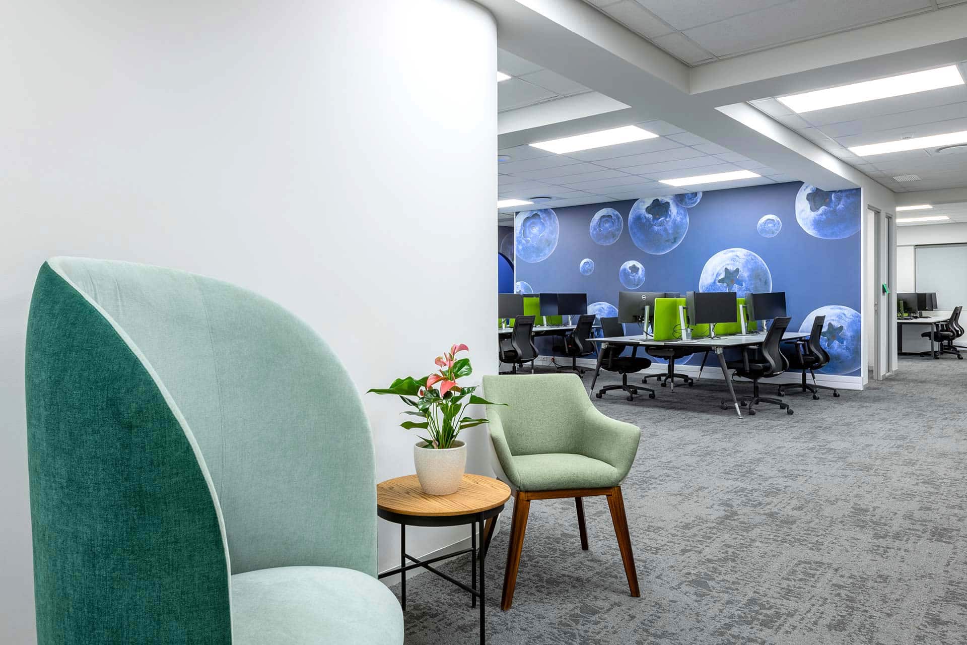 United Exports Paarl Office reception interiors feature green fabric high-back armchairs, desks, a small wooden coffee table, and modern modular desk systems.